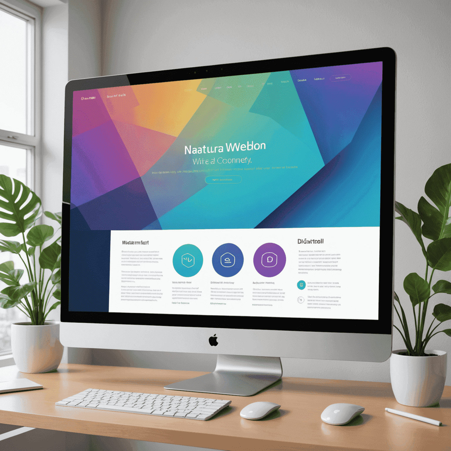 Imagen que muestra una pantalla de computadora con un diseño web moderno y minimalista, con elementos flotantes y gradientes suaves.