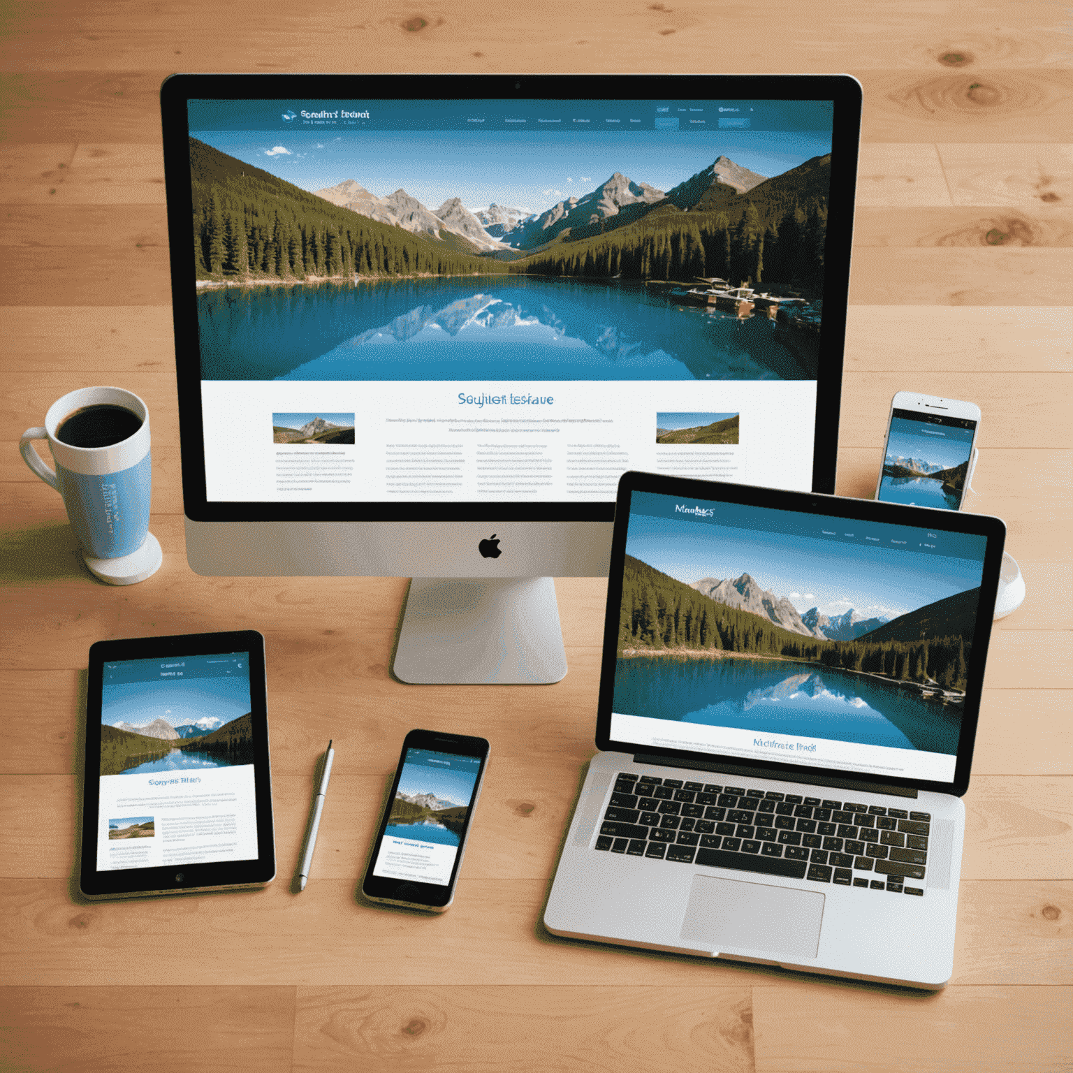 Imagen que muestra un diseño web responsivo en diferentes dispositivos: computadora de escritorio, tableta y teléfono móvil.