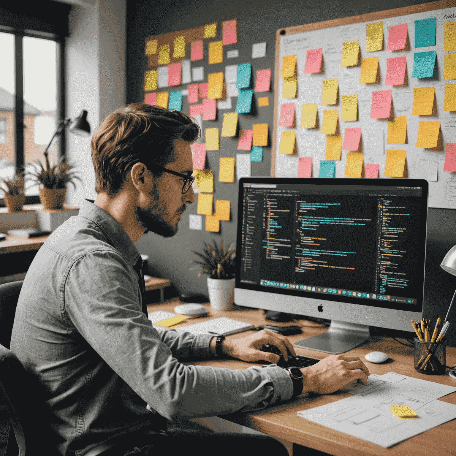 Diseñador web trabajando con JavaScript en su computadora, rodeado de diagramas de flujo y notas adhesivas con código