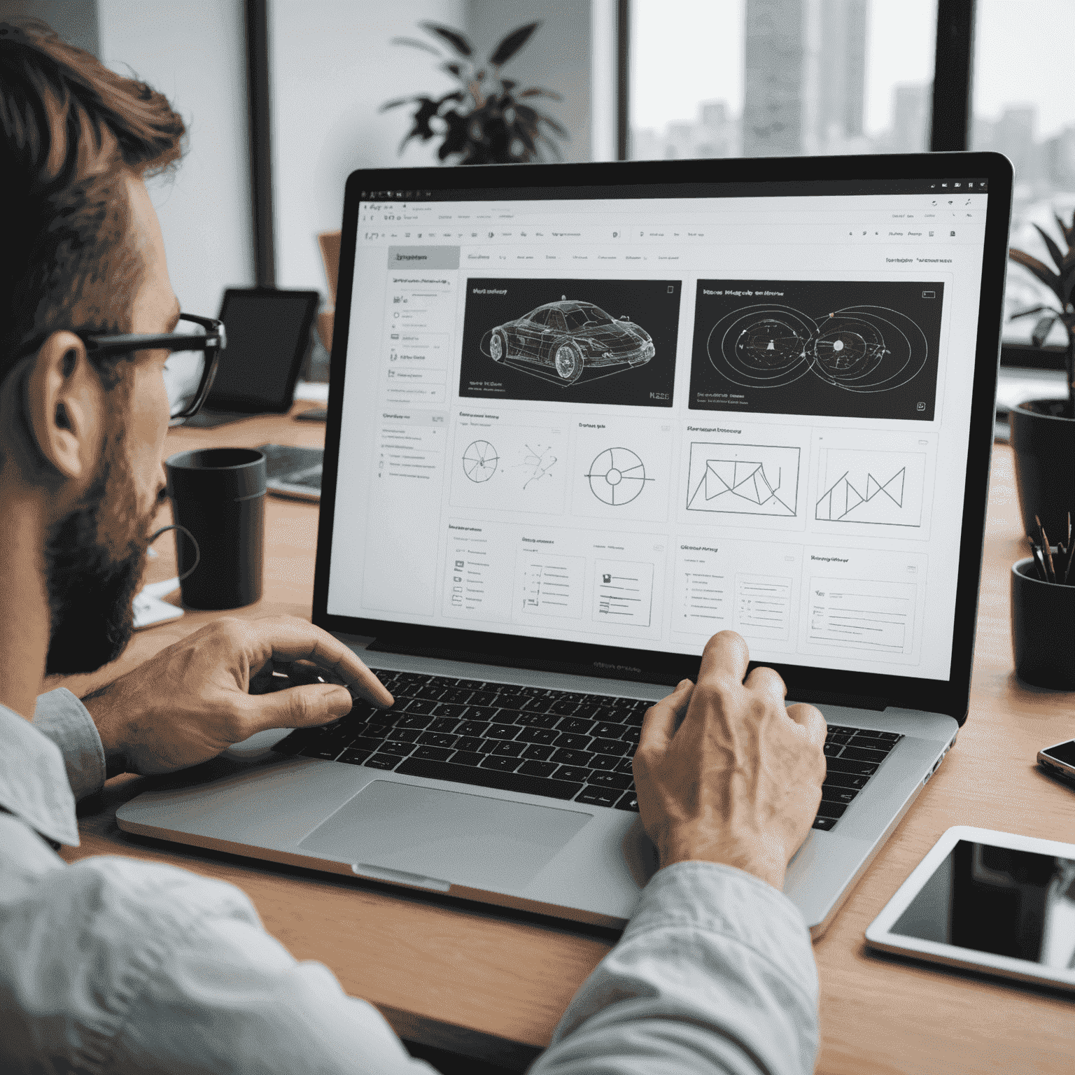Imagen que muestra un diseñador trabajando en una interfaz de usuario con wireframes y prototipos