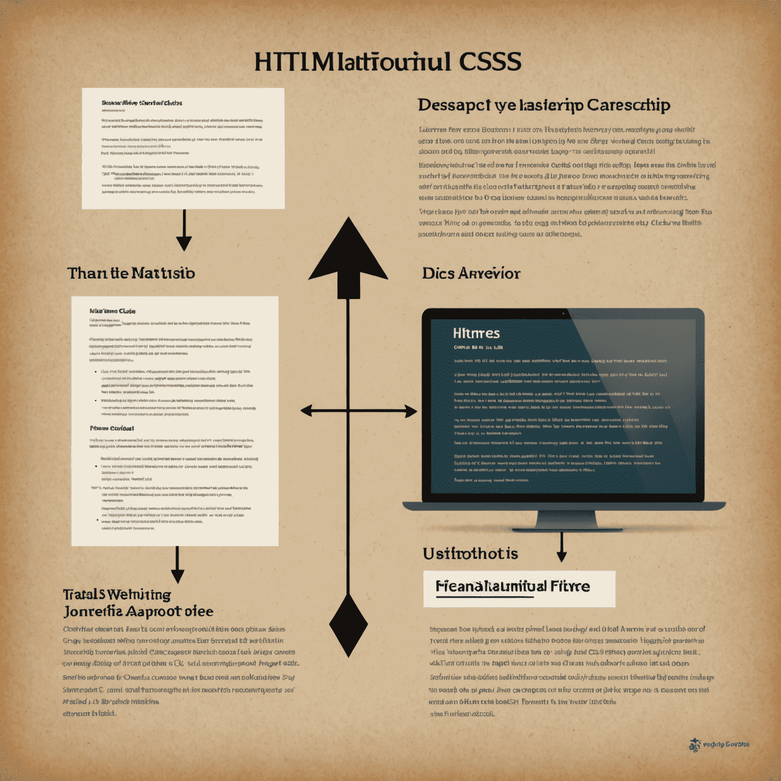 Imagen que muestra código HTML y CSS lado a lado, con flechas indicando cómo se relacionan para crear una página web.