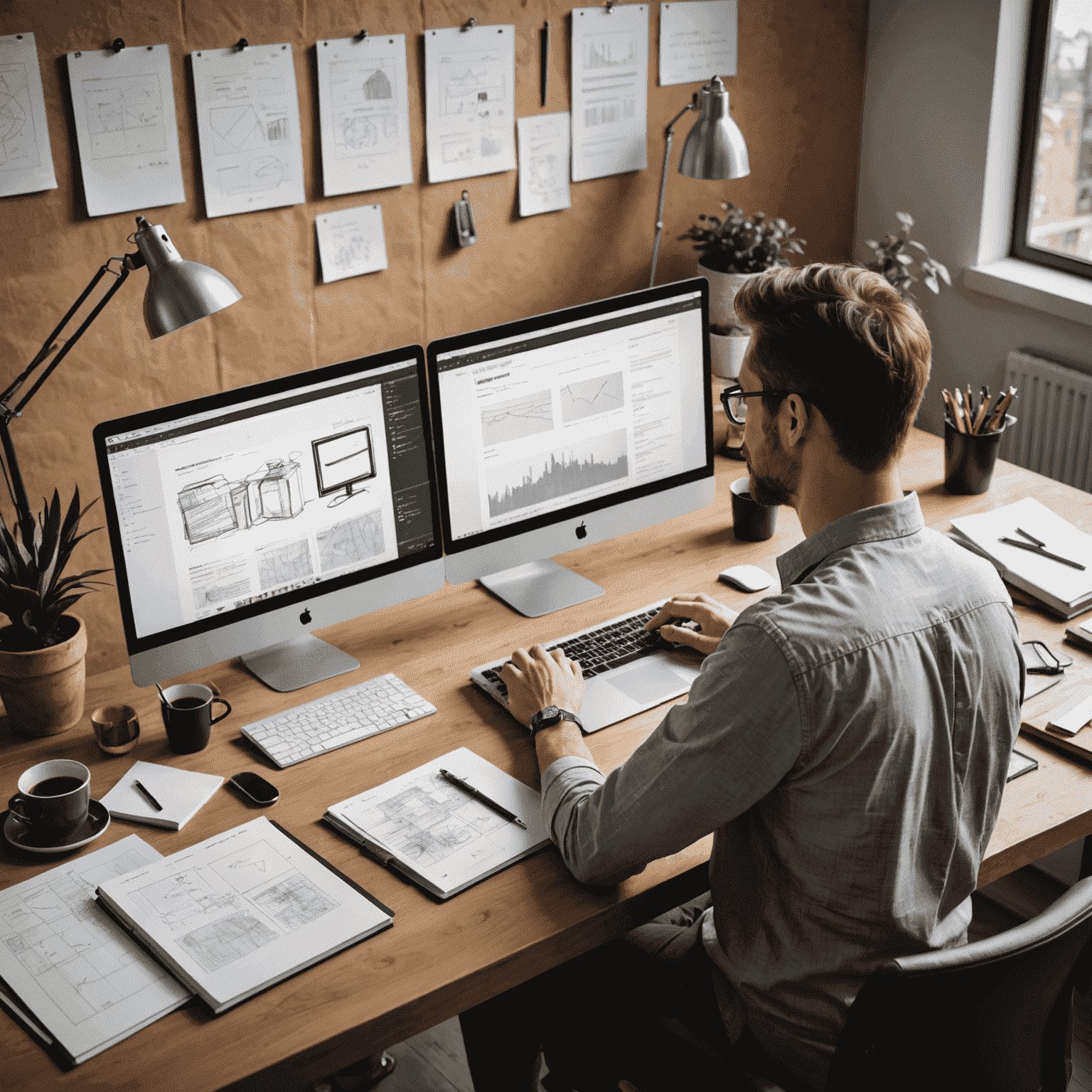 Imagen de un diseñador web trabajando en su portafolio en una computadora, rodeado de notas y bocetos